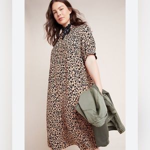 Anthropologie high neck leopard print puff sleeve shift dress